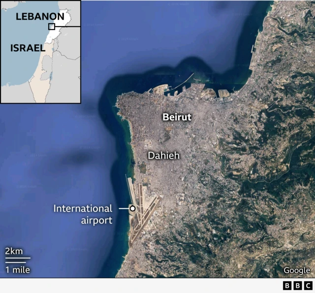 A map showing Beirut and the southern suburb of Dahieh, just to the north of the international airport