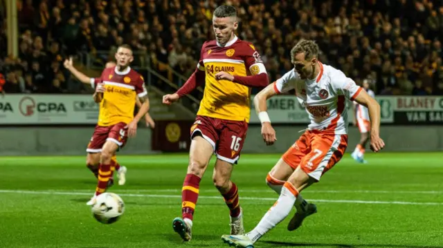 MOTHERWELL, SCOTLAND - SEPTEMBER 20: Dundee United's Kristijan Trapanovski has a shot on target during a Premier Sports Cup quarter-final match between Motherwell and Dundee United at Fir Park, on September 20, 2024, in Motherwell, Scotland. (Photo by Craig Foy / SNS Group)