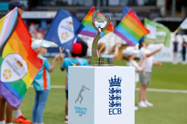 The Charlotte Edwards Cup trophy sits on a plinth