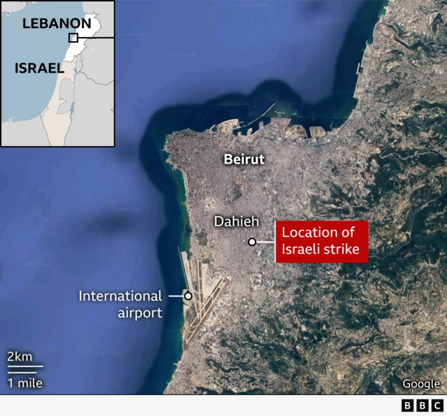 As satellite map of Beirut. The suburb of Dahieh is labelled, as well as the approximate location of the air strike