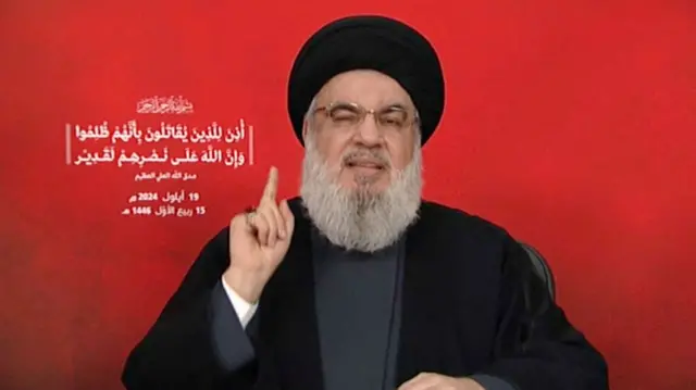 Hezbollah leader Sayyed Hassan Nasrallah gives a televised address