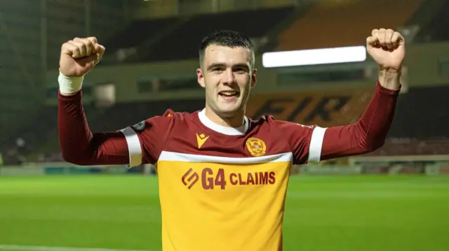 MOTHERWELL, SCOTLAND - SEPTEMBER 20: Motherwell's Lennon Miller celebrates at full time during a Premier Sports Cup quarter-final match between Motherwell and Dundee United at Fir Park, on September 20, 2024, in Motherwell, Scotland. (Photo by Craig Foy / SNS Group)