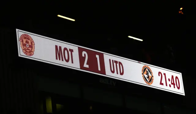 MOTHERWELL, SCOTLAND - SEPTEMBER 20: The final scoreline is displayed during a Premier Sports Cup quarter-final match between Motherwell and Dundee United at Fir Park, on September 20, 2024, in Motherwell, Scotland. (Photo by Rob Casey / SNS Group)