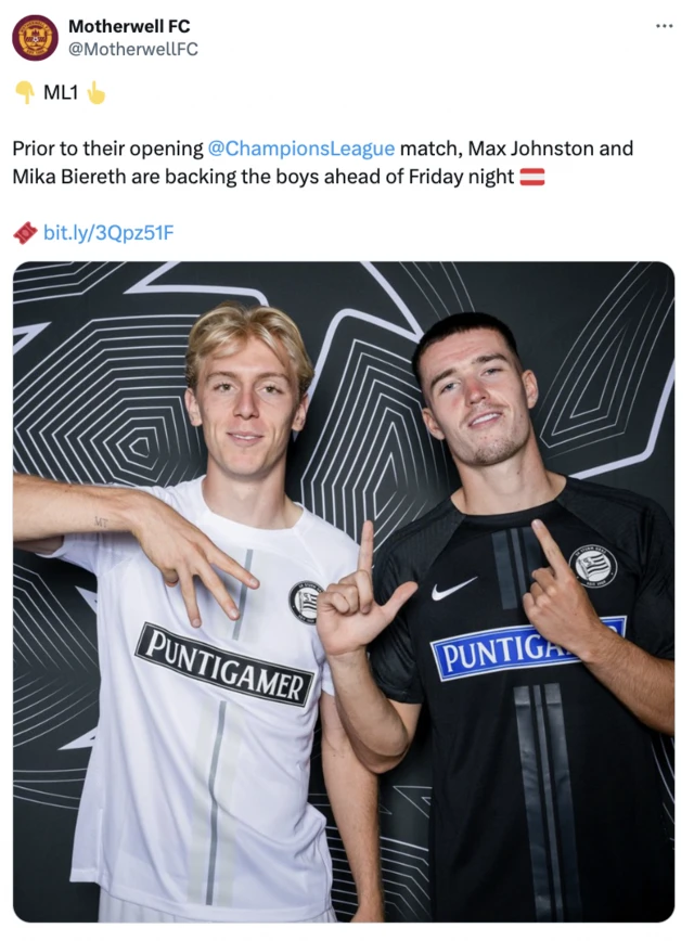 Sturm Graz's Mika Biereth and Max Johnston hold up 'M' and 'L1' hand signals to represent ML1