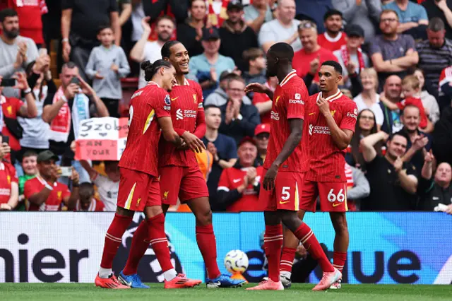 Darwin Nunez of Liverpool celebrates with Virgil van Dijk after scoring