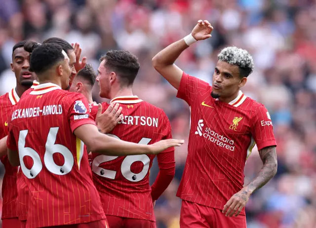 Luis Diaz of Liverpool celebrates with Trent Alexander-Arnold