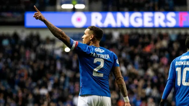 GLASGOW, SCOTLAND - SEPTEMBER 21: Rangers James Tavernier celebrates after scoring to make it 2-0 during a Premier Sports Cup quarter-final match between Rangers and Dundee at Ibrox Stadium, on September 21, 2024, in Glasgow, Scotland. (Photo by Craig Williamson / SNS Group)