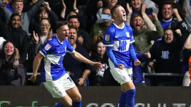 Birmingham's Jay Stansfield celebrates after scoring against Wrexham on Monday.