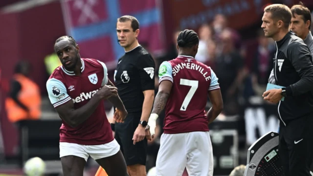 West Ham United's Michail Antonio comes on as a substitute to replace Crysencio Summerville