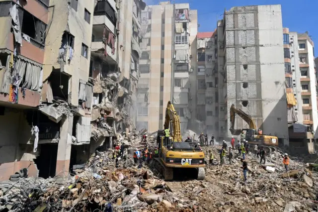 Rubble is still being cleared at the site of an Israeli airstrike in Beirut