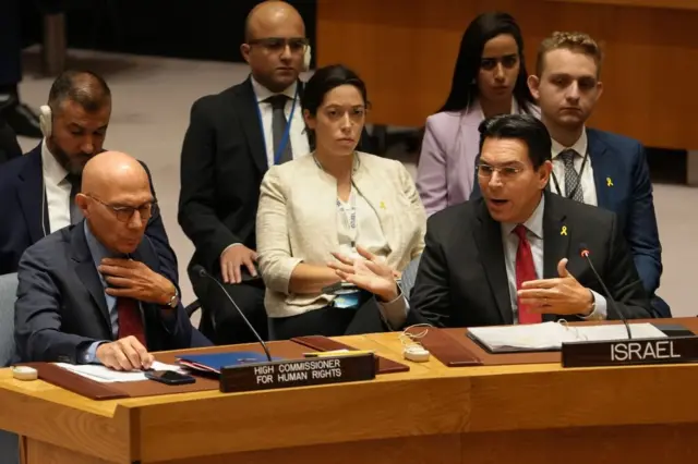 UN Ambassador of Israel Danny Danon (R) speaks and gestures towards UN High Commissioner for Human Rights Volker Turk during a United Nations Security Council meeting called to address the growing conflict between Israel and Lebanon in New York, New York, USA, 20 September 2024.