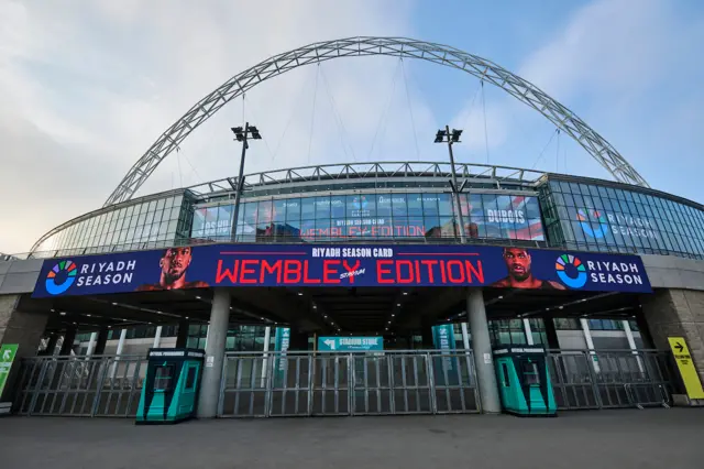 Wembley Stadium with an advert for Daniel Dubois v Anthony Joshua