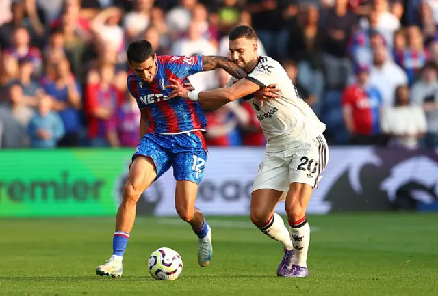 Daniel Munoz of Crystal Palace is challenged by Diogo Dalot