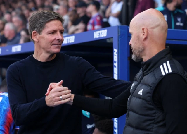 Crystal Palace manager Oliver Glasner shakes hands with Manchester United manager Erik ten Hag