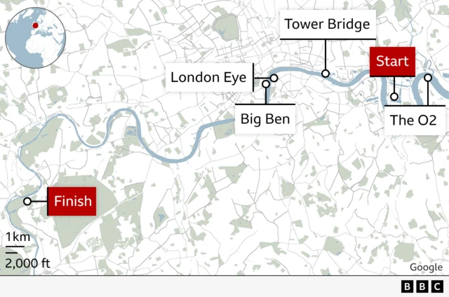 A map of the Thames marking out landmarks of The O2, Big Ben, Tower Bridge, London Eye along with the start and finish points of the race