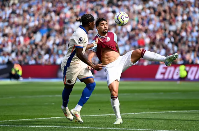 Lucas Paqueta of West Ham United controls the ball