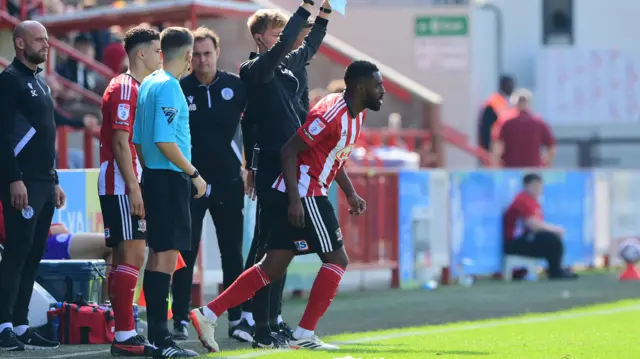 Mustapha Carayol comes on to make his Exeter debut.