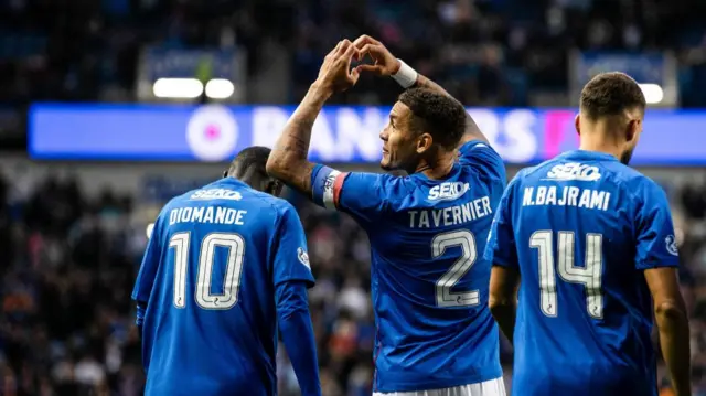 GLASGOW, SCOTLAND - SEPTEMBER 21: Rangers James Tavernier celebrates after scoring to make it 2-0 during a Premier Sports Cup quarter-final match between Rangers and Dundee at Ibrox Stadium, on September 21, 2024, in Glasgow, Scotland. (Photo by Craig Williamson / SNS Group)