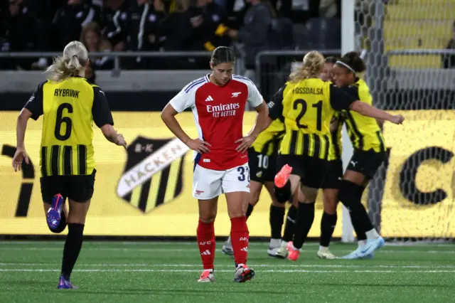 Kyra Cooney-Cross of Arsenal shows dejection after Tabitha Tindell of Hacken (obscured) scores