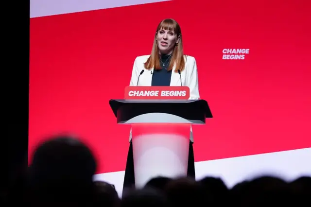 Deputy Prime Minister Angela Rayner speaking at the Labour Party Conference in Liverpool.