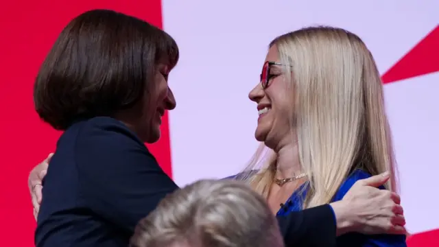 Chancellor of the Exchequer Rachel Reeves (left) with her sister Minister without Portfolio and Party Chair Ellie Reeves speaking during the Labour Party Conference in Liverpool