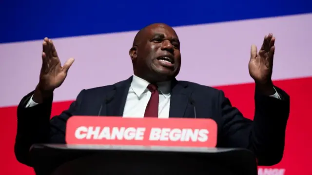 Foreign Secretary David Lammy speaks on stage during the Labour party's annual conference in Liverpool