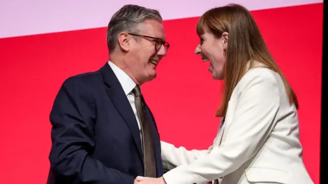 British Prime Minister Sir Keir Starmer (L) and British Deputy Prime Minister Angela Rayner (R) react following Rayner's speech at the Labour Party Conference in Liverpool, Britain, 22 September 2024.