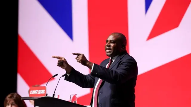 Description British Foreign Secretary David Lammy speaks on stage at Britain's Labour Party's annual conference, in Liverpool, Britain, September 22, 2024