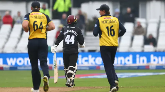 Lewis Goldsworthy is caught on the boundary