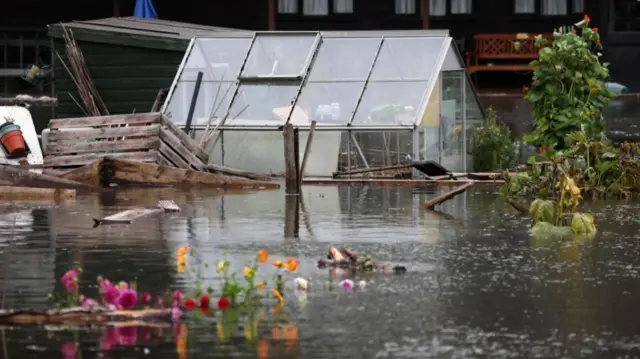 A flooded allotment in Harpenden