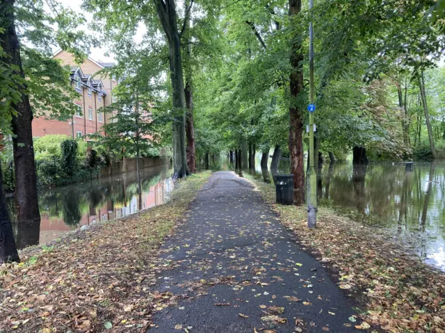 A photo shows a public footpath through Wardown Park in Luton that is lined with trees and leaves on the ground. The path has been partially submerged in the distance by flood water.