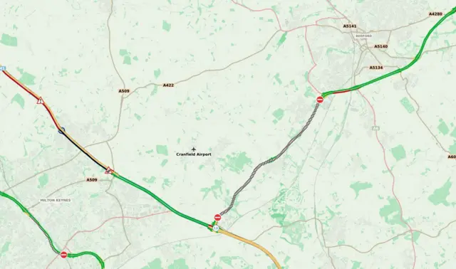 National Highways graphic showing the A421 road closure between Bedford and Milton Keynes