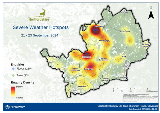 A heat map of Hertfordshire shows the density of enquiries the emergency services took during the bad weather over the county. It shows a few dark red spots that indicate those areas that saw the most enquiries while there are other orange and yellow spots that saw less enquiries. Small blue dots on the map indicate where 260 flood enquiries were taken as well as green spots where trees had fallen.