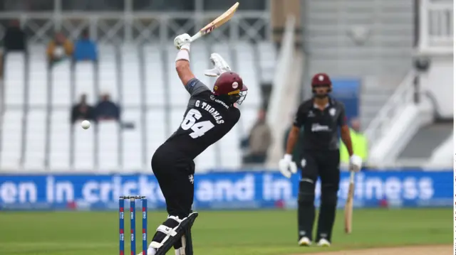 George Thomas is beaten by a ball from Timm Van Der Gugten