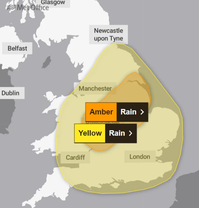 An image of the Met Office's two weather warnings across England on Monday, 23 September. It shows a yellow weather warning covering the majority of England along with an amber weather warning covering a smaller area.