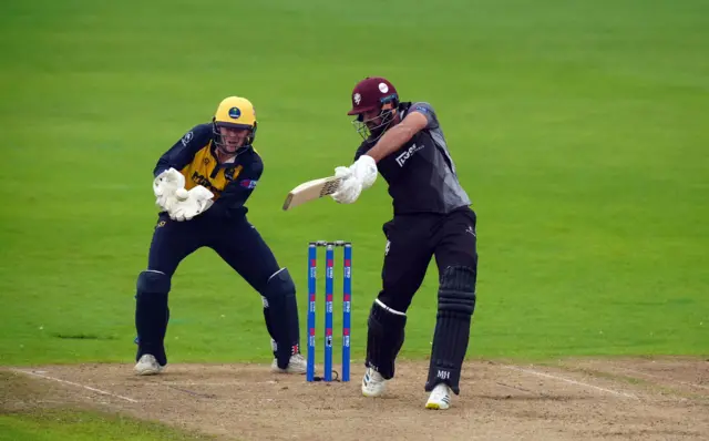 Somerset's Andy Umeed is caught out behind by Glamorgan's Will Smale