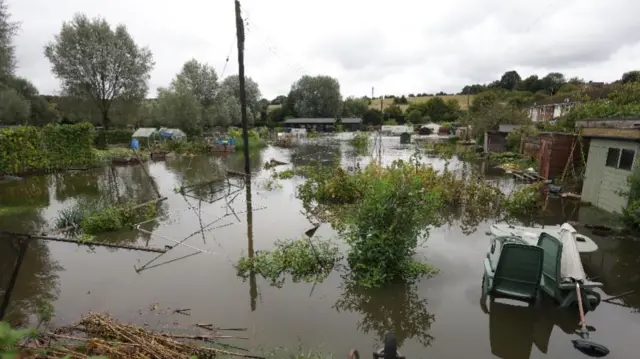 A flooded allotment in Harpenden, Hertfordshire, in eastern England on 23 September