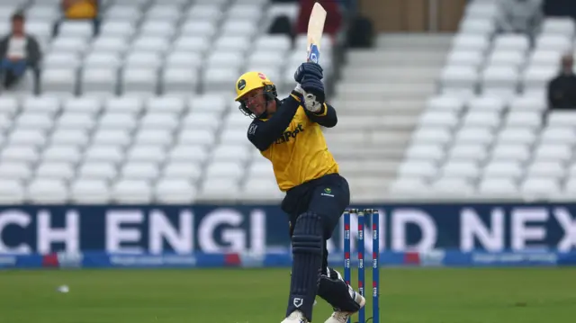 Timm Van Der Gugten hits Josh Davey for six during the Metro Bank One Day Cup Final match between Somerset County Cricket Club and Glamorgan County Cricket Club