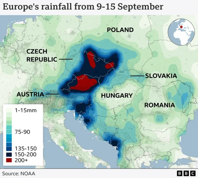 A map showing Europe's rainfall from 9-15 September