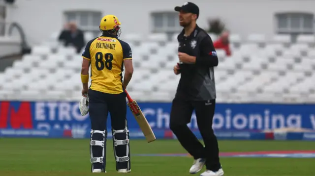 Dan Douthwaite departs run out having been caught off a no ball during the Metro Bank One Day Cup Final match between Somerset County Cricket Club and Glamorgan County Cricket Club