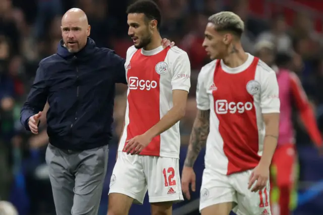 Noussair Mazraoui and Erik ten Hag