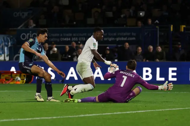 Jhon Duran goes down in the penalty area during Aston Villa's EFL Cup tie at Wycombe Wanderers