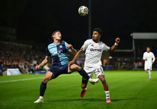 David Wheeler and Ian Maatsen challenge for the ball during Wycombe Wanderers' EFL Cup tie at home to Aston Villa