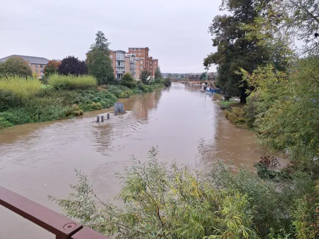 A photo shows the River Nene in Northampton and its burst banks. Trees and bushes that usually line the river around surrounded by flood water. Buildings are in the distance and there is a bridge.