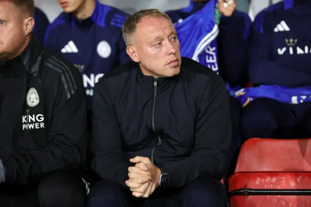 Leicester City manager Steve Cooper pictured in the dugout during his team's EFL Cup tie at Walsall