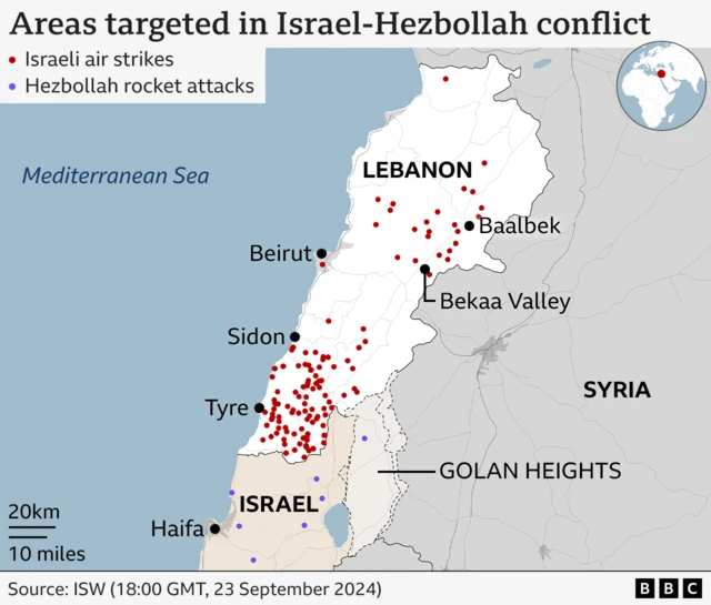 Areas targeted in Israel-Hezbollah conflict