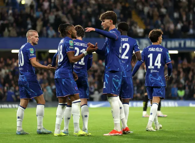 Christopher Nkunku celebrates with his team-mates in Chelsea's EFL Cup victory over Barrow