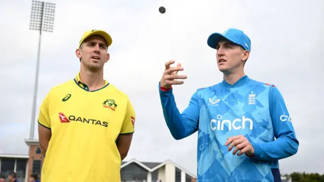 Mitchell Marsh and Harry Brook participate in the toss