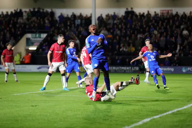 Abdul Fatawu reacts after missing the target for Leicester City in their EFL Cup tie at Walsall