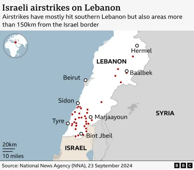 A map shows the parts of Lebanon hit by successive waves of Israeli air strikes on Monday 23rd September 2024. They are mostly concentrated in the south of the country, but a few extend into its far north.